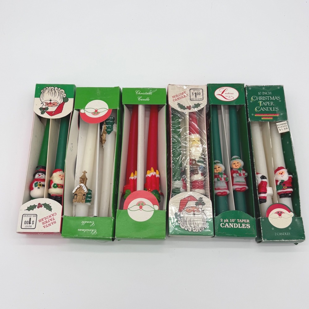 Vintage Christmas Taper Candles Set 10 Inch‎ Red Green White Santa Snowman 12pk